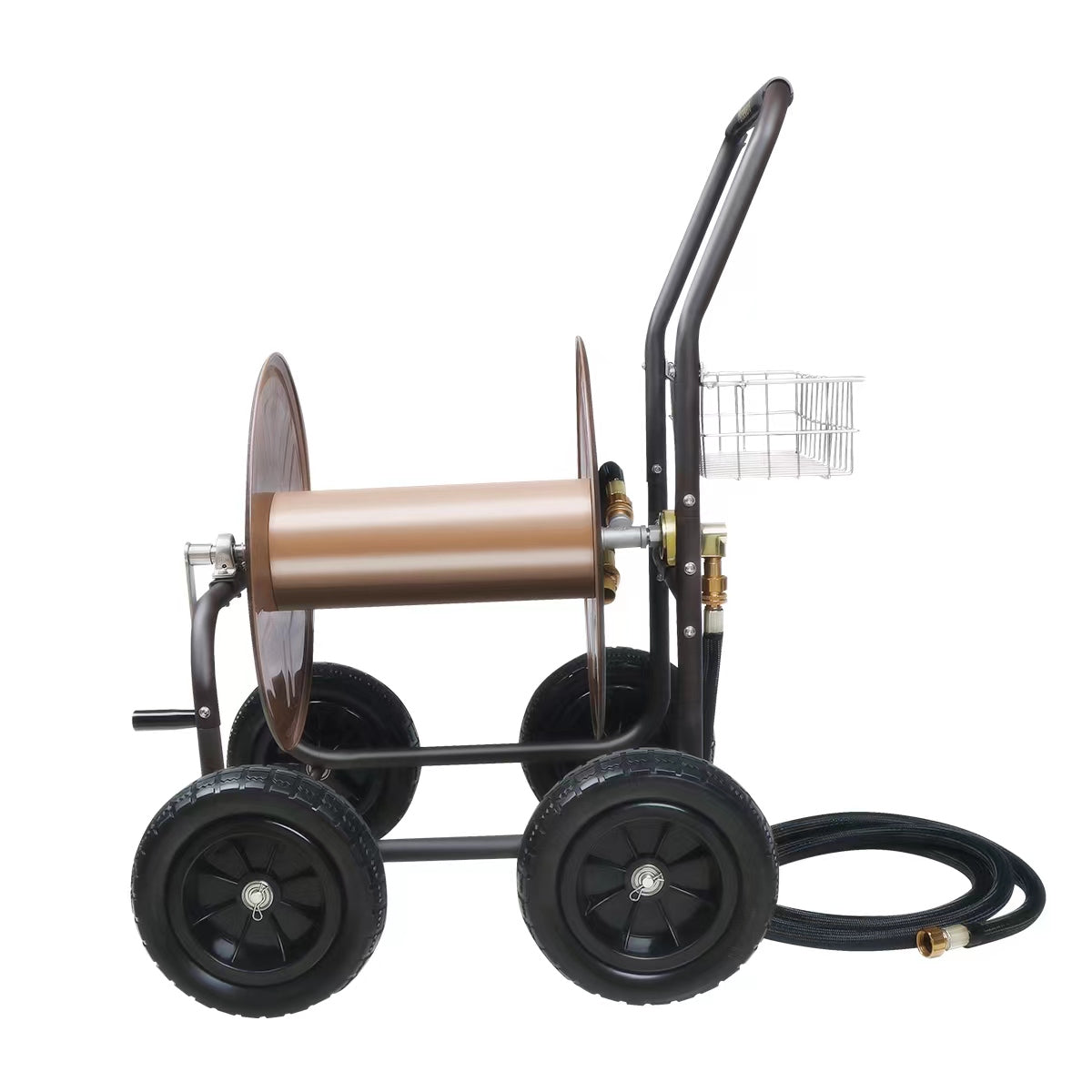 Persevere Stainless Steel Garden Hose Reel Cart Heavy Duty Portable Hose Holder with Basket 4 Solid Wheels Water Hose Storage Cart for Watering Garden/ Yard/ Lawn/ Farm（wood grain color）