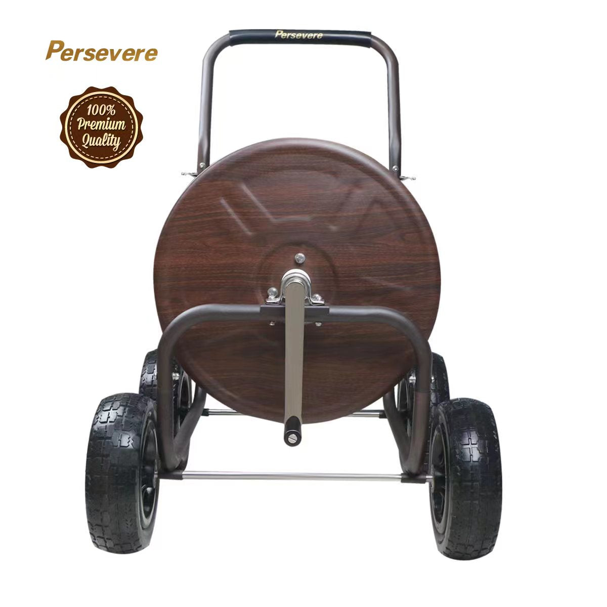 Persevere Stainless Steel Garden Hose Reel Cart Heavy Duty Portable Hose Holder with Basket 4 Solid Wheels Water Hose Storage Cart for Watering Garden/ Yard/ Lawn/ Farm（wood grain color）
